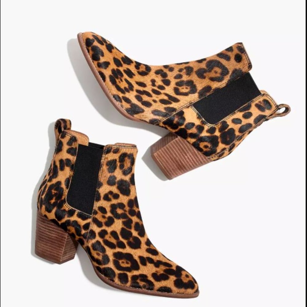 NEW MADEWELL 6.5 The Regan Ankle Boot in Leopard Calf Hair Leather, Block Heel